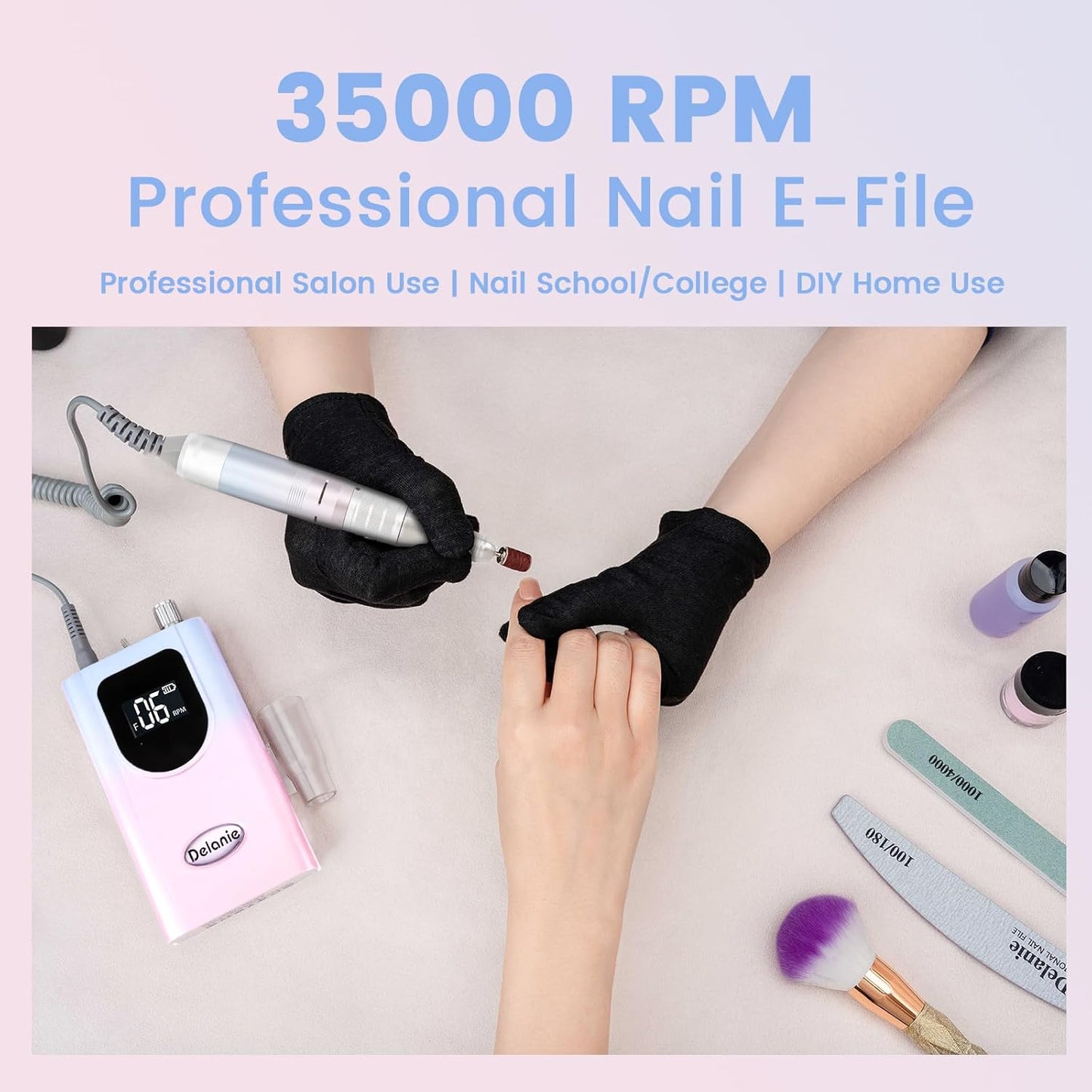 Professional Nail Drill High Torque 35000 RPM Rechargeable Portable Electric Nail File Filer for Acrylic Gel with Cuticle Bits, Salon Manicure Tool, Purple