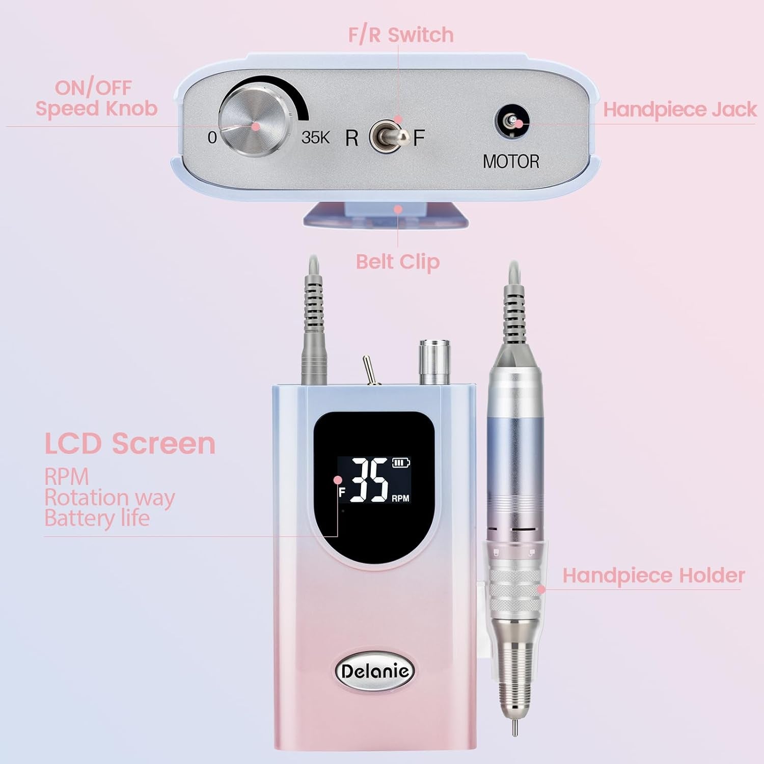 Professional Nail Drill High Torque 35000 RPM Rechargeable Portable Electric Nail File Filer for Acrylic Gel with Cuticle Bits, Salon Manicure Tool, Purple