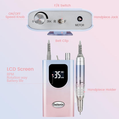 Professional Nail Drill High Torque 35000 RPM Rechargeable Portable Electric Nail File Filer for Acrylic Gel with Cuticle Bits, Salon Manicure Tool, Purple