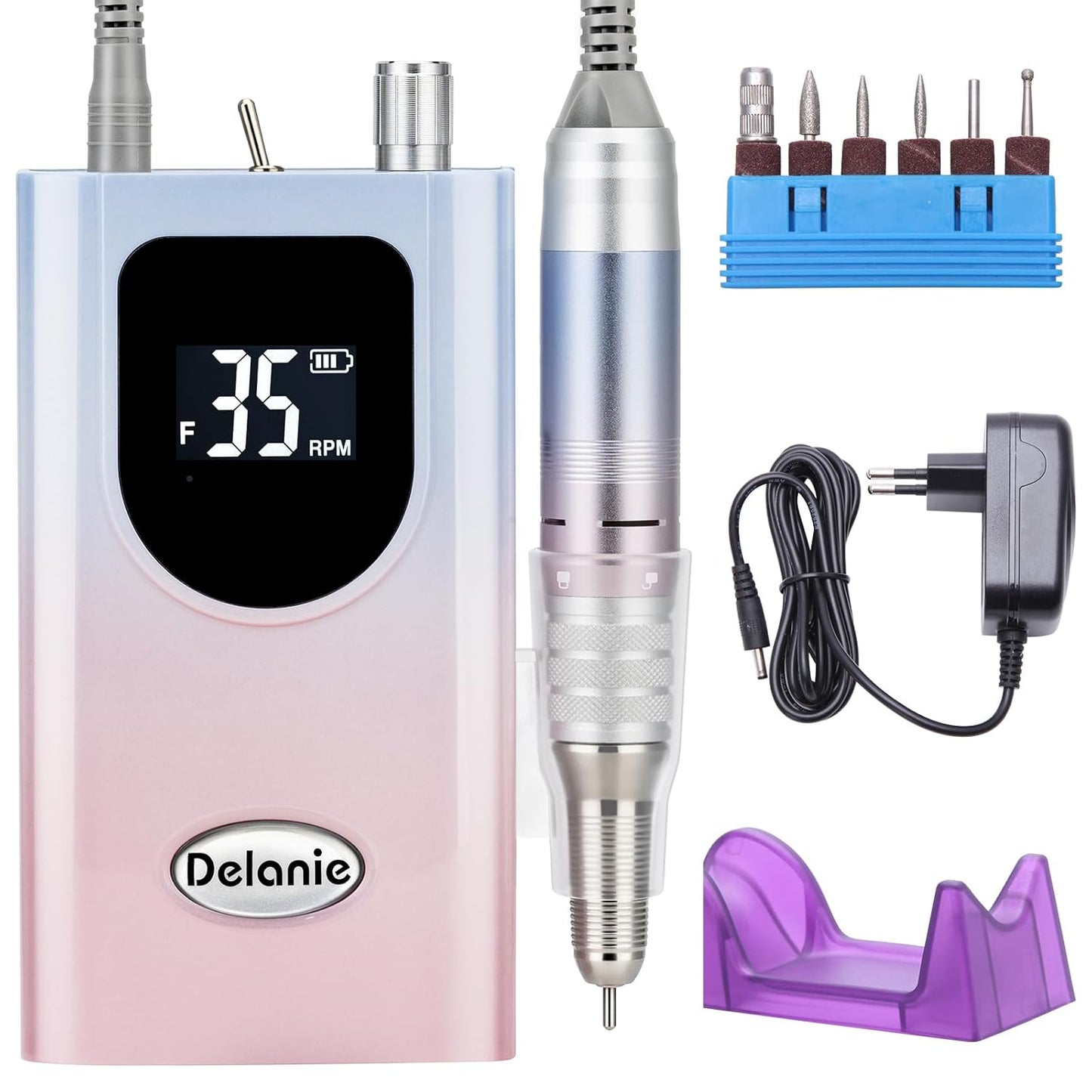 Professional Nail Drill High Torque 35000 RPM Rechargeable Portable Electric Nail File Filer for Acrylic Gel with Cuticle Bits, Salon Manicure Tool, Purple