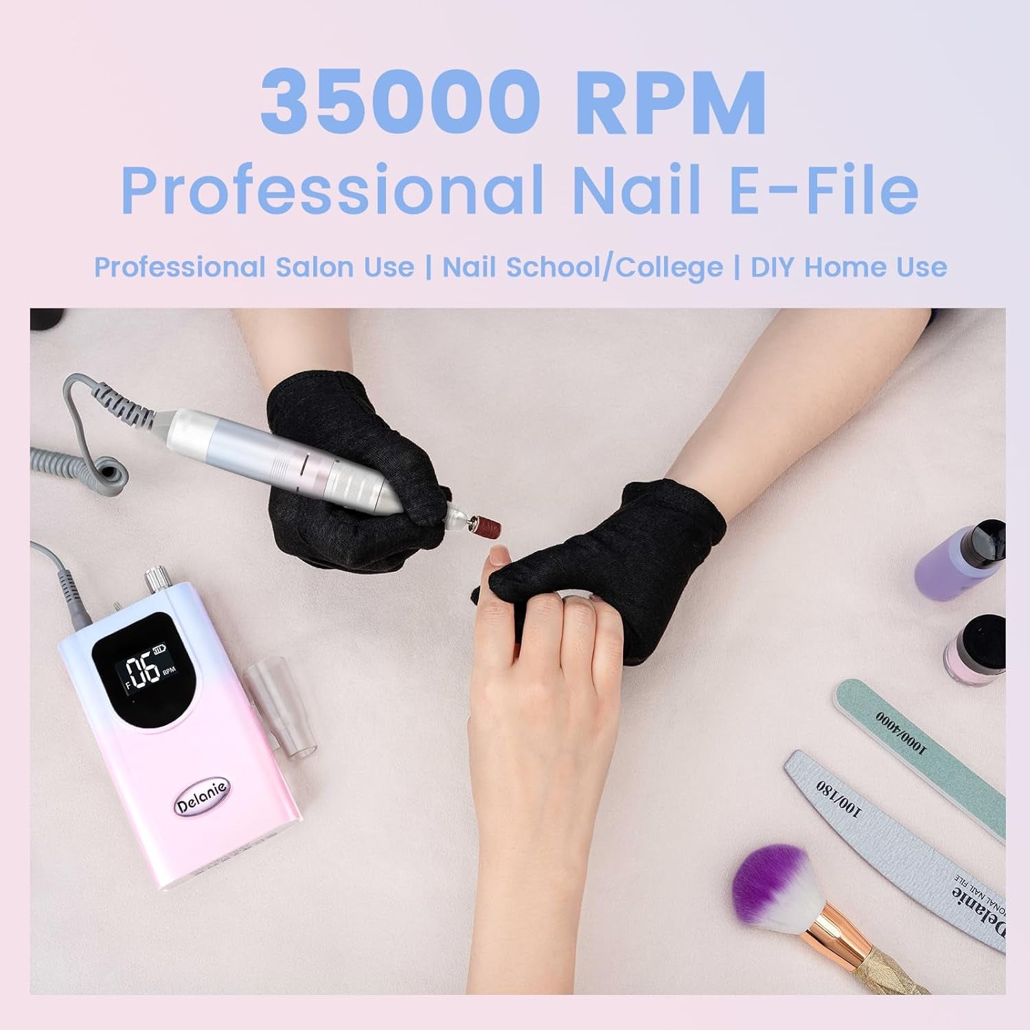 Professional Nail Drill High Torque 35000 RPM Rechargeable Portable Electric Nail File Filer for Acrylic Gel with Cuticle Bits, Salon Manicure Tool, Purple