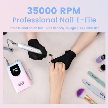 Professional Nail Drill High Torque 35000 RPM Rechargeable Portable Electric Nail File Filer for Acrylic Gel with Cuticle Bits, Salon Manicure Tool, Purple