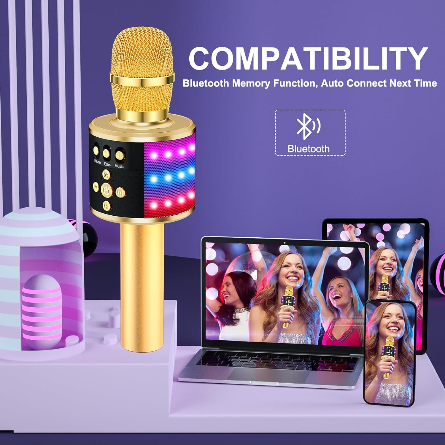 Karaoke Microphone for Kids & Adults - Bluetooth Microphones Singing Mic with Disco Lights, Echo Effect, Built-In Speaker Portable Karaoke Player for Party Travel Gifts Q78(Gold)
